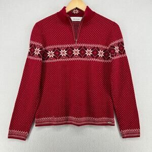 BULA Ski Sweater Women M Merino Wool Nordic Fair Isle Snowflakes 1/4 Zip Red Vtg
